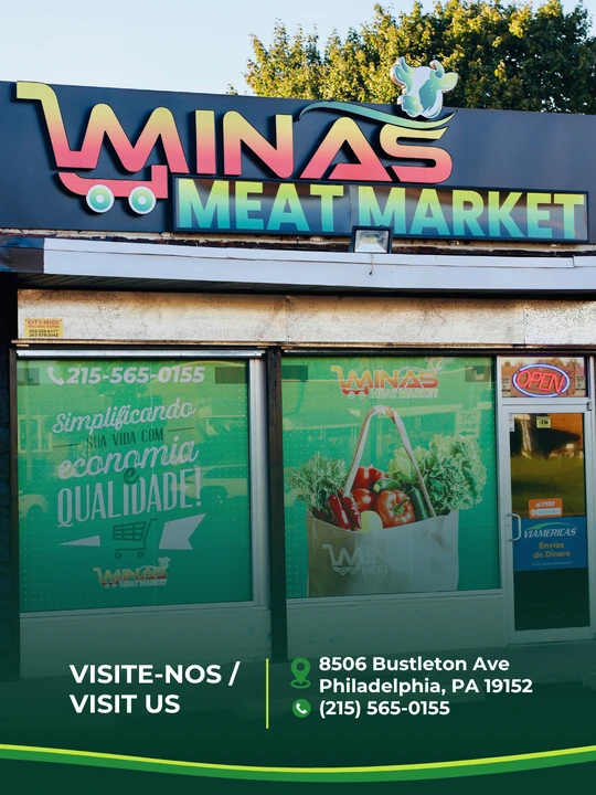 Pieza de la fachada de Minas Meat Market con dirección y teléfono de la tienda